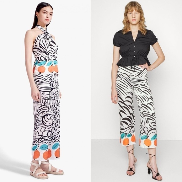 STAUD Satin Abstract Stripe Citrus Print High Rise Ankle Crop Oscar Trousers 2 - Picture 8 of 9